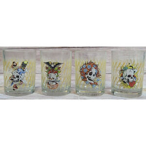 Don Ed Hardy Tattoo Design Art Set of 4 Rocks Drinking Glasses Skulls 12 oz